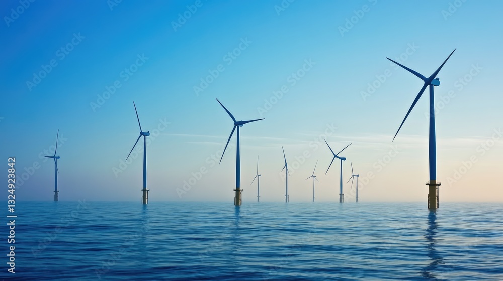Massive offshore wind farm stretching across the ocean horizon at dawn. Massive offshore wind farm stretching across the ocean horizon at dawn.