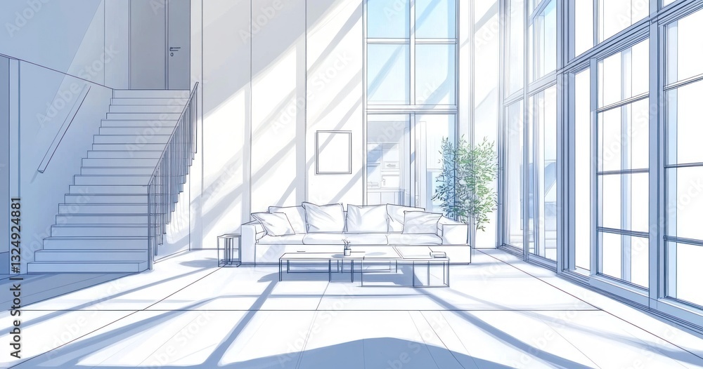 Fototapeta premium Sunlit modern living room sketch, staircase, large windows.