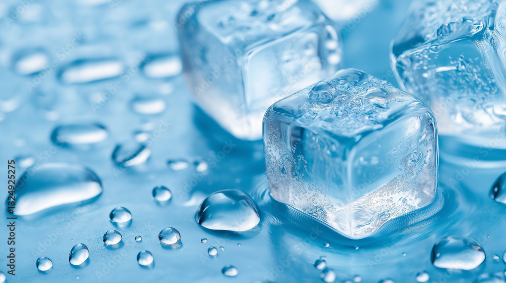 Melting ice cubes with water droplets on a reflective blue surface.
Melting ice cubes with water droplets on a reflective blue surface.
