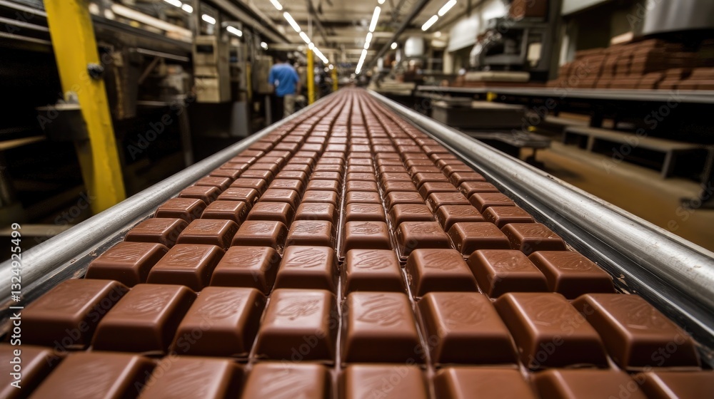 Neatly arranged chocolate bars moving along a conveyor belt in a large-scale confectionery factory. Neatly arranged chocolate bars moving along a conveyor belt in a large-scale confectionery factory.
