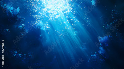 Intense sapphire seabed, shadowy depths illuminated by sunbeams , color, nature. Sapphire Beam. Illustration