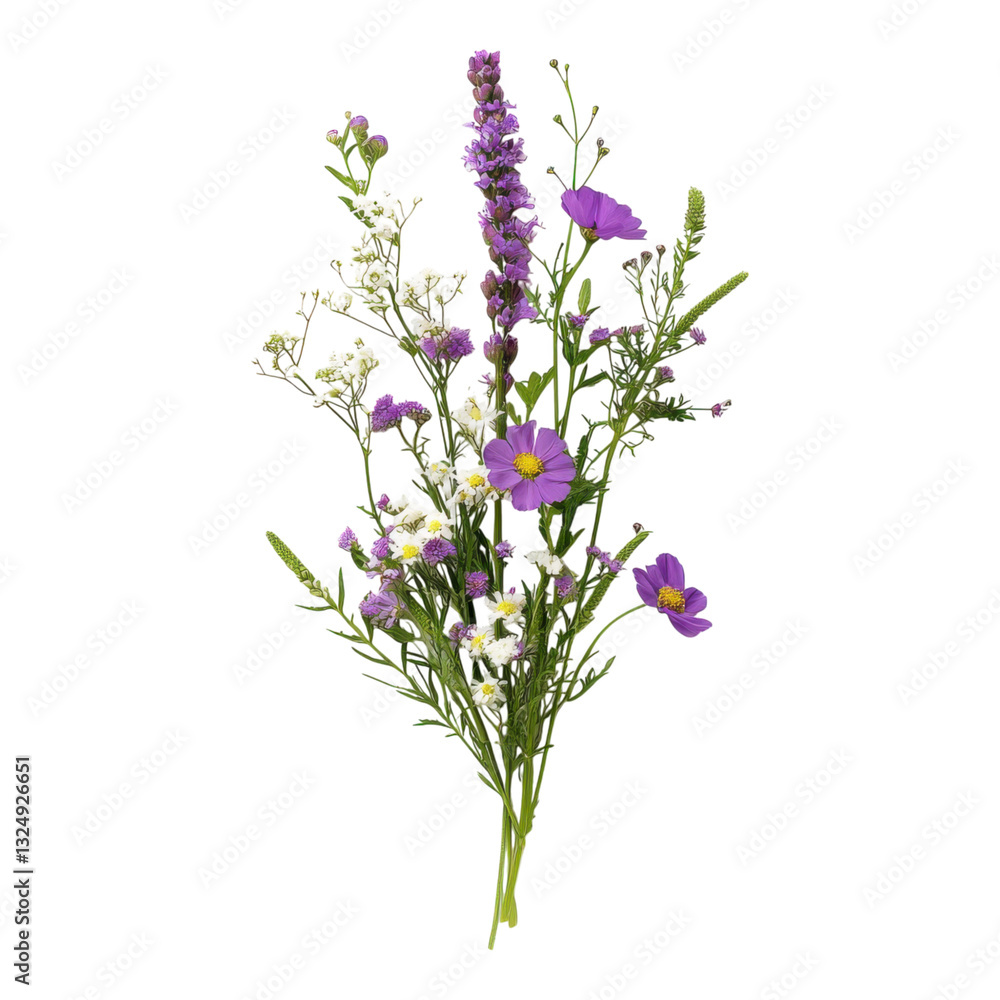 Naklejka premium A vibrant bouquet featuring purple and white flowers, showcasing delicate petals and lush green stems.