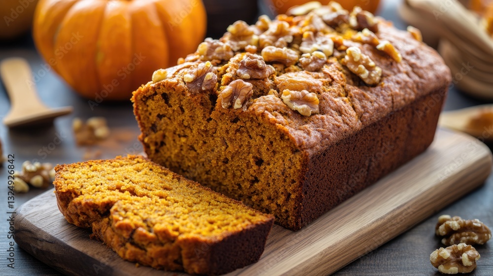 Fototapeta premium Warmly Sliced Pumpkin Loaf: A Close-Up of Delectable Fall Treats with Walnuts for Sweet Snacking