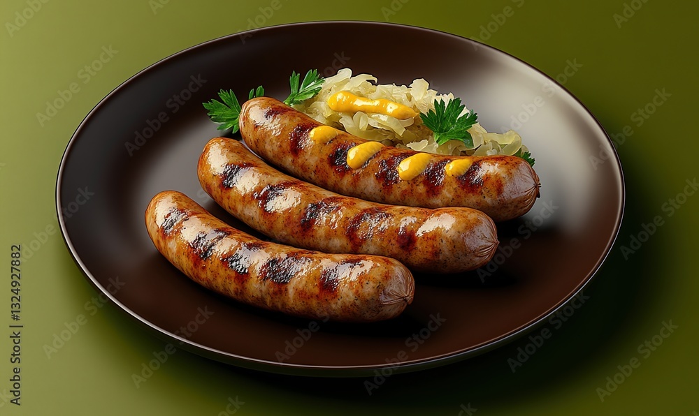 Delicious bratwurst served on a dark plate with mustard and sauerkraut against a muted green background Delicious bratwurst served on a dark plate with mustard and sauerkraut against a muted green background