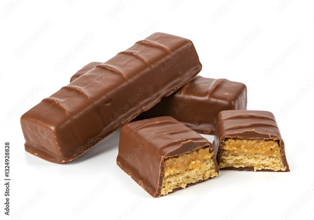 Chocolate bars filled with peanut butter on a white background.