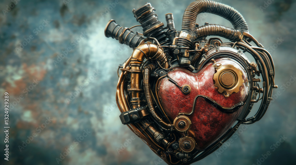Fototapeta premium Complex mechanical heart vintage style steam punk. Mechanism in the shape of a heart. Technological concept. A symbol of love. VECTOR