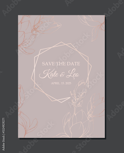 Vector template for wedding invitation with floral elements, pastel pink on a gray background.  Delicate frame ready for print  greeting card and poster save the date. 