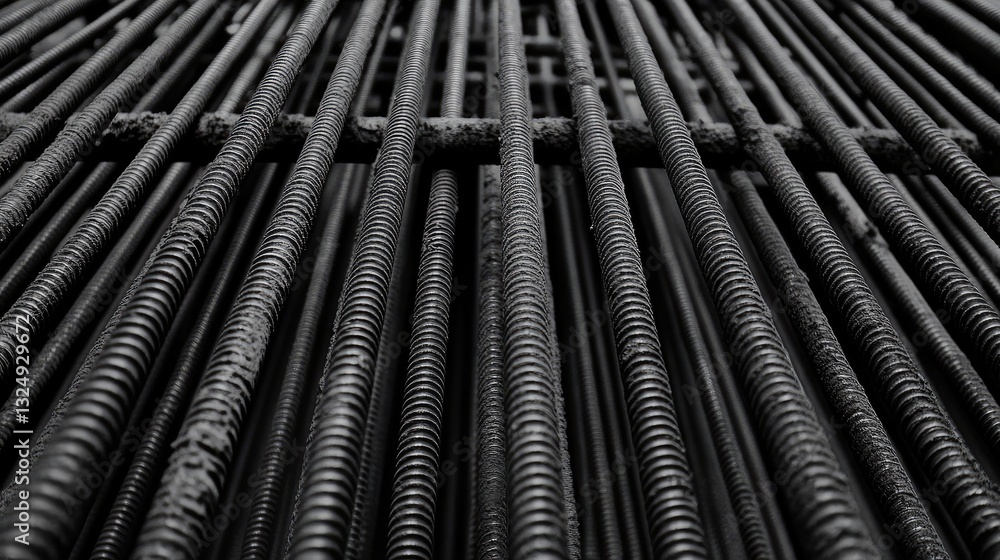 Steel rebar structures arranged in grid formation for concrete reinforcement in a building foundation. Steel rebar structures arranged in grid formation for concrete reinforcement in a building foundation.
