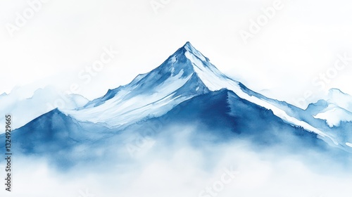 A watercolor depiction of a tall mountain range with clouds and snow