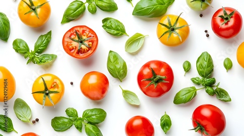 Fresh Tomatoes and Basil Isolated on White Background