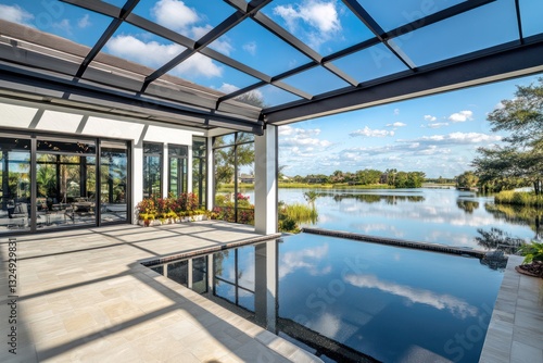 Photograph a sprawling outdoor patio area with a transparent glass roof and a mirror-like infinity pool reflecting the vast, open sky