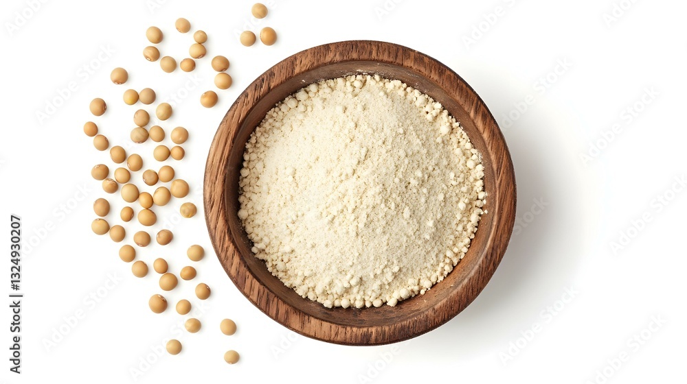 Soy Flour in Wooden Bowl Isolated on White Background Soy Flour in Wooden Bowl Isolated on White Background