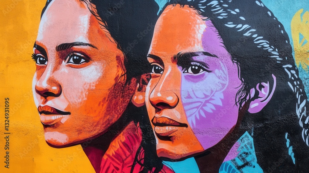 Obraz premium Vibrant Mural of Two Women with Colorful Artistic Expression