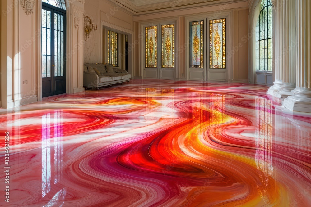 Fototapeta premium The living room of a grand mansion featuring a unique floor design with marble swirls transitioning from fiery red to a gentle pink