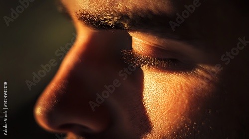 The close up image shows a mans face in profile