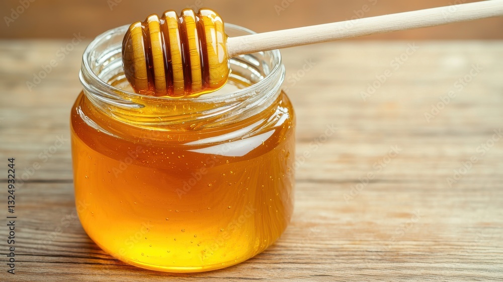A close-up of honey in a jar with a wooden dipper. A close-up of honey in a jar with a wooden dipper.