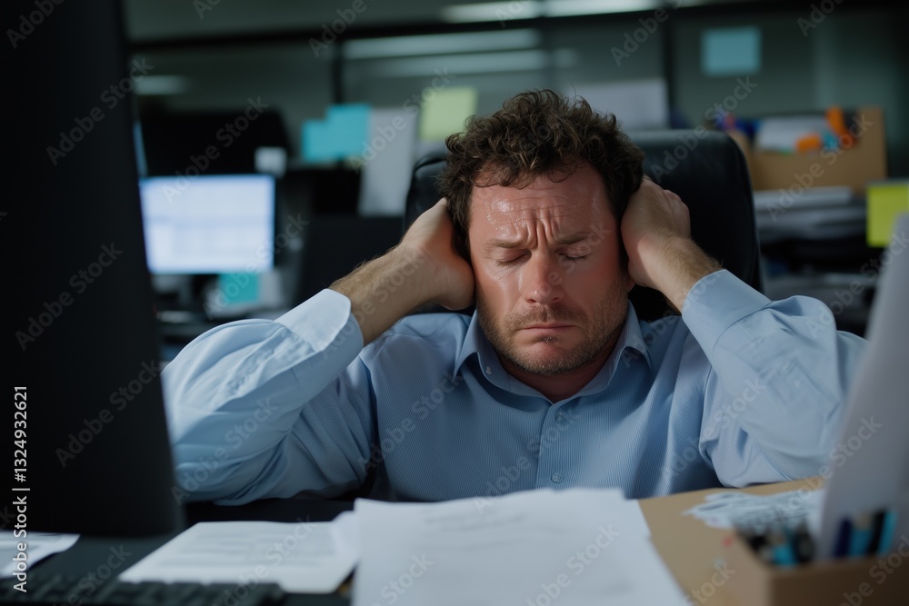 a stressed man with hands on his head in the office a stressed man with hands on his head in the office