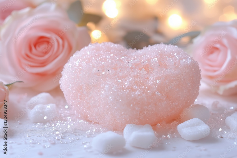 A heart-shaped sugar scrub surrounded by pink roses and decorative elements. A heart-shaped sugar scrub surrounded by pink roses and decorative elements.