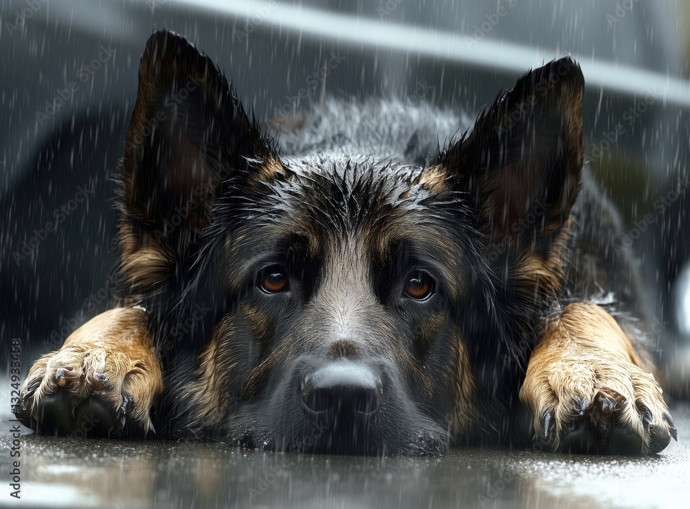 A German Shepherd dog lying down with a sad expression in the rain. A German Shepherd dog lying down with a sad expression in the rain.