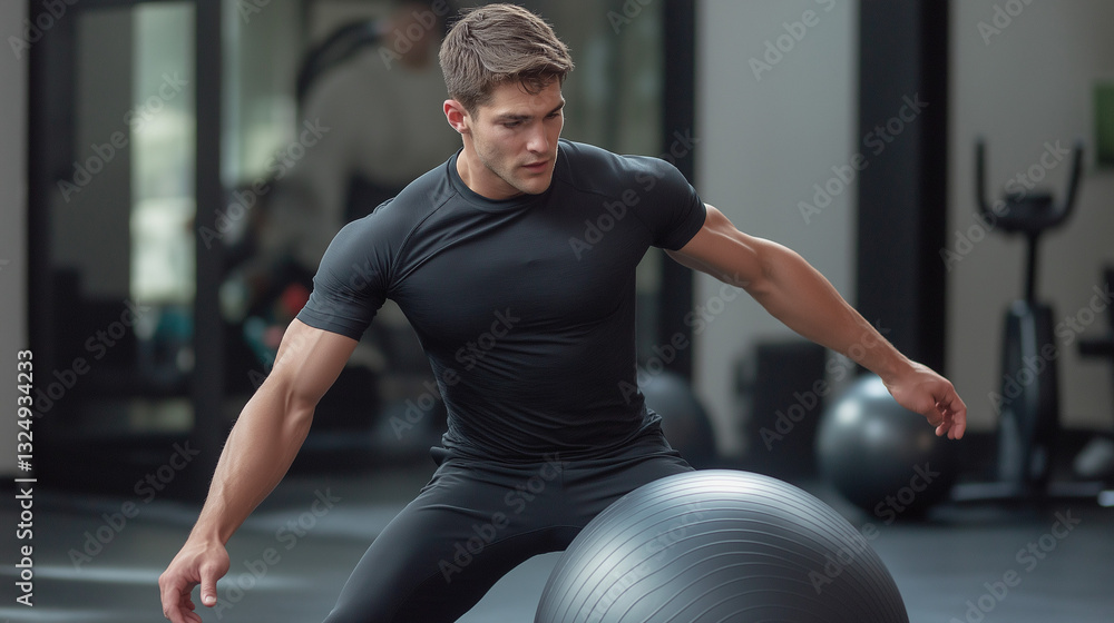 Fototapeta premium A trainer demonstrating functional training movements with a stability ball