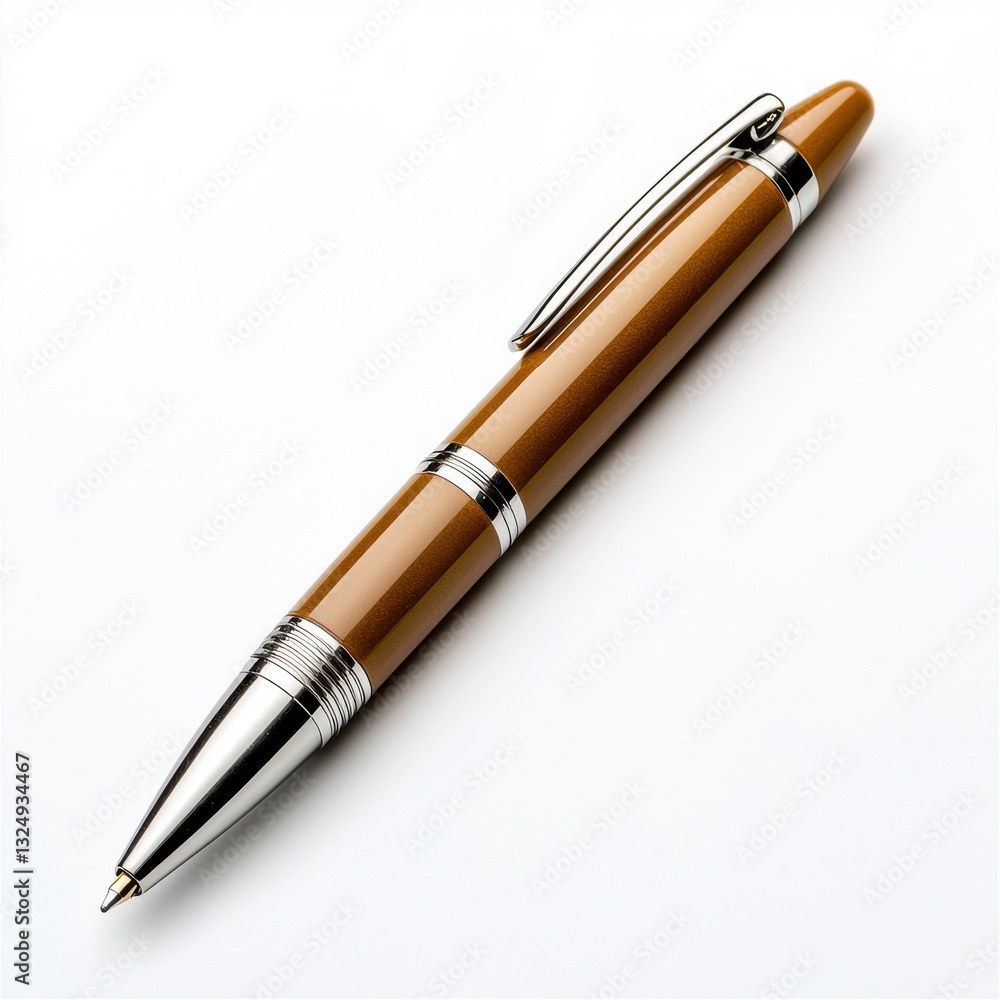Brown Wooden Pen with Silver Accents on White Background Brown Wooden Pen with Silver Accents on White Background