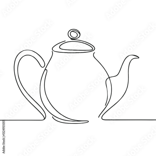Continuous line drawing of a teapot in modern minimalist style on white background with copy space , cut out