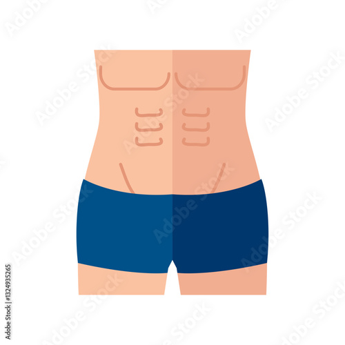 Flat Vector Illustration of a Male Torso with Visible Abs Representing Fitness, Muscle Definition, and Bodybuilding
