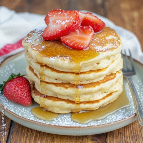 Warm pancakes with sweet maple syrup and fresh berries on a wooden table