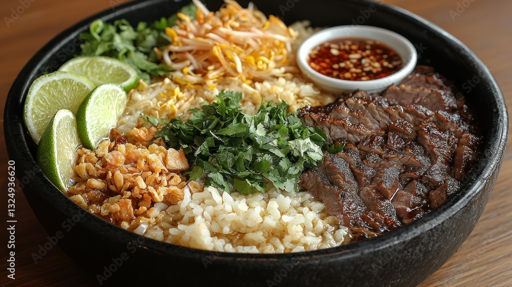 Delicious Asian Beef Rice Bowl with Lime and Spicy Sauce Delicious Asian Beef Rice Bowl with Lime and Spicy Sauce