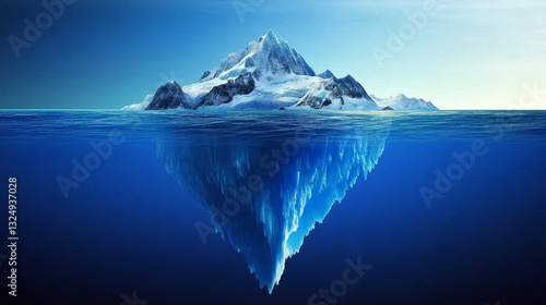 Abstract Iceberg illusion diagram. What people see and what is success hidden part of hard work. Low poly wireframe vector illustration on technology blue background.
