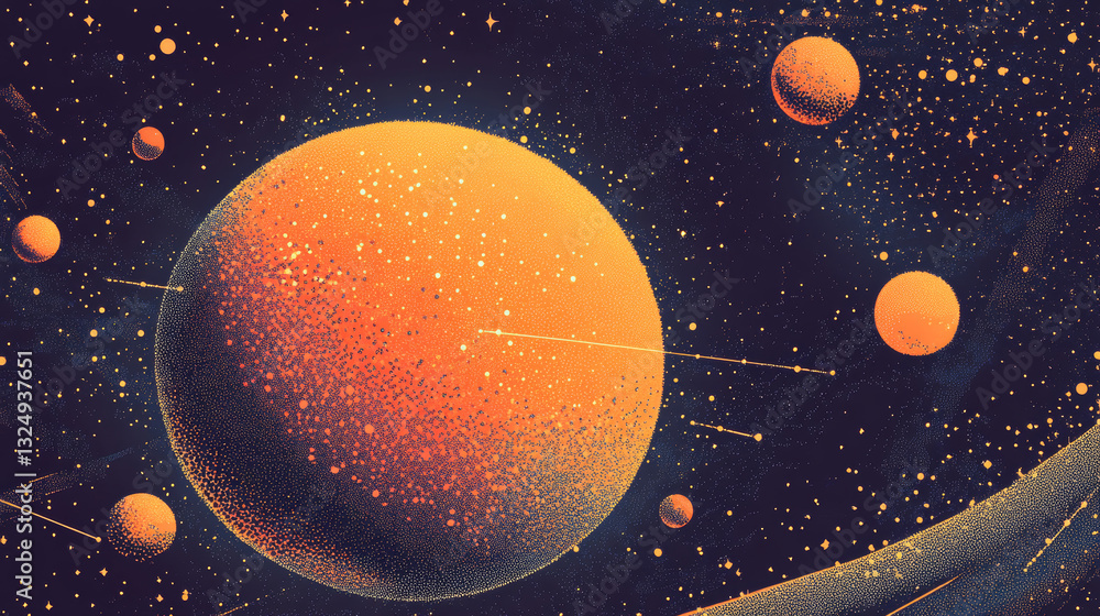 Fototapeta premium Abstract image of a orange in the form of a starry sky or space, consisting of points, lines, and shapes in the form of planets, stars and the universe. Fruit orange segments vector wireframe