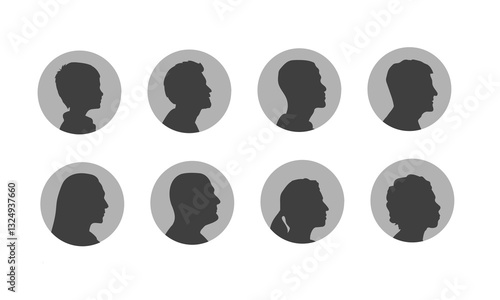 Vector silhouette side view avatars of people of different age, nation and gender. Set of diverse people faces silhouettes.