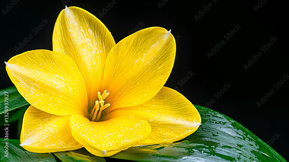 Fototapeta premium Bright Yellow Flower with Dew Drops on Dark Background, Beautiful Floral Close-Up, Perfect for Nature and Botanical Illustrations