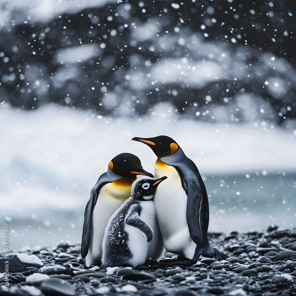 Fototapeta premium A family of penguins huddling on an icy shore