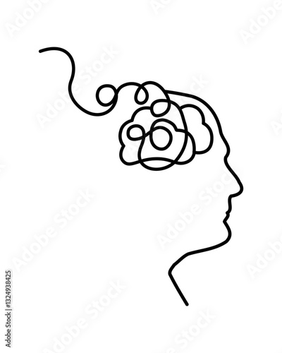 Continuous one line drawing of man profile head with messy thread as a symbol of mental disorder. Editable stroke.