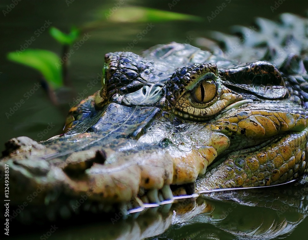 Close-up of a crocodile partially submerged in water, showcasing its textured scales, piercing yellow eyes, and sharp teeth. The image captures the predator’s intense gaze and natural camouflage.
Close-up of a crocodile partially submerged in water, showcasing its textured scales, piercing yellow eyes, and sharp teeth. The image captures the predator’s intense gaze and natural camouflage.
