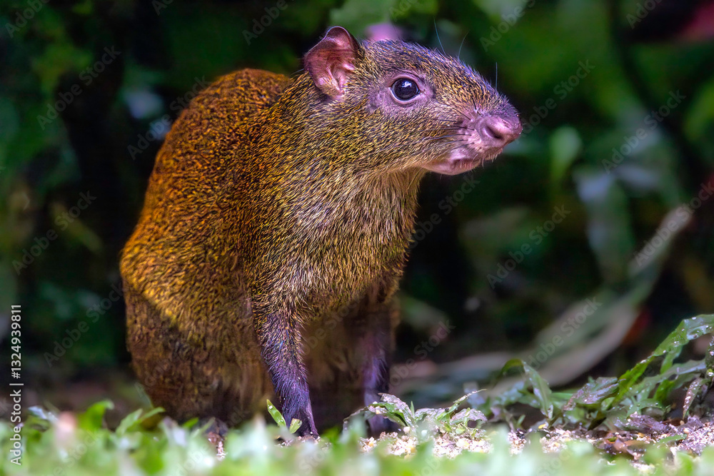 Central American agouti (Dasyprocta punctata), Cartago Province, Costa Rica. Selective focus on eye