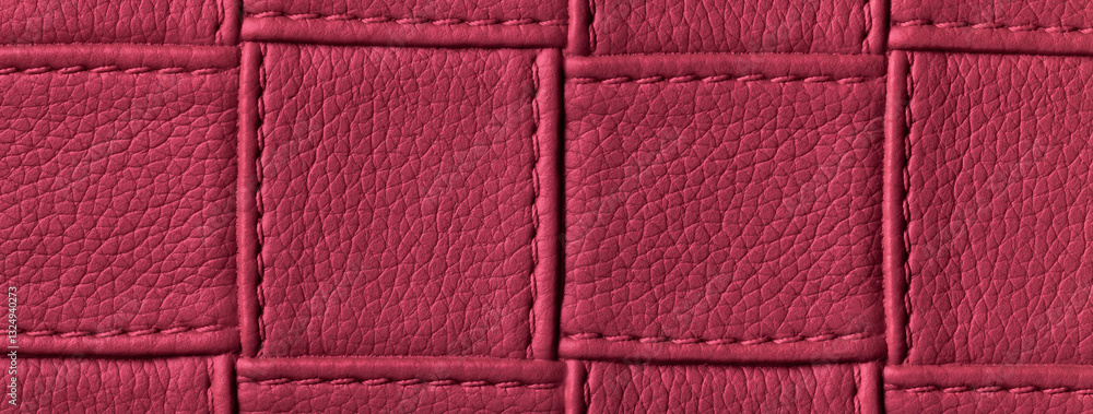 Fototapeta premium Texture of dark red leather background with square pattern and stitch, macro. Abstract wine backdrop