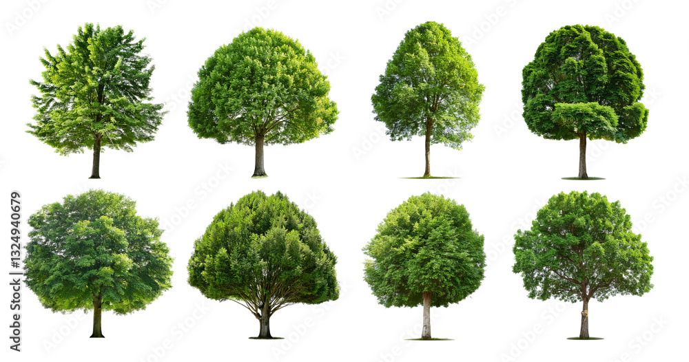 Fototapeta premium Various Tree Types in Different Shapes and Sizes Isolated Background, Bundle Set Collection, Isolated on Transparent Background