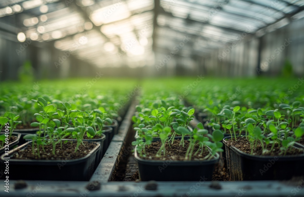 Seedlings in pots on a table inside a greenhouse Seedlings in pots on a table inside a greenhouse