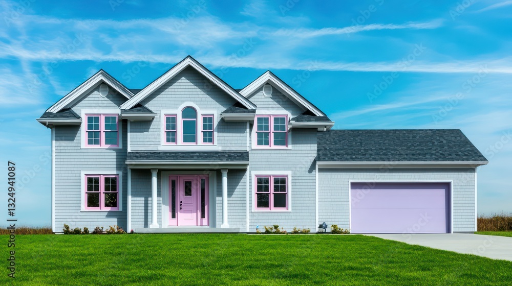 An elegant American-style house in dove gray, set within a pastel mint green lawn An elegant American-style house in dove gray, set within a pastel mint green lawn