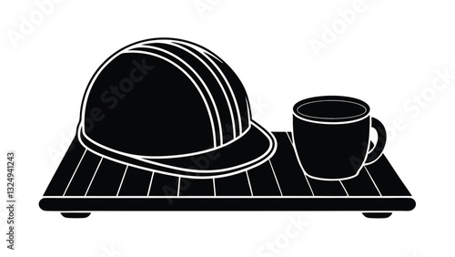 Hard Hat, Coffee Mug, Wooden Tray, Break Time, Construction Site