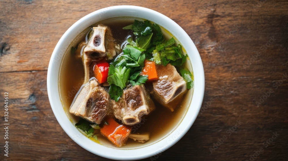 Delicious Bone Broth Feast: Aerial View of Savory Pork Bone Soup in a White Bowl on Rustic Wooden Surface Delicious Bone Broth Feast: Aerial View of Savory Pork Bone Soup in a White Bowl on Rustic Wooden Surface