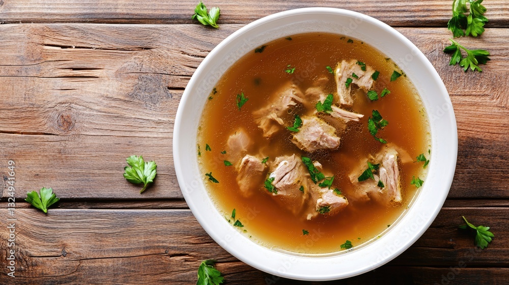 Delicious Bone Broth: Hearty Pork Soup Served in a White Bowl on Rustic Wooden Table Delicious Bone Broth: Hearty Pork Soup Served in a White Bowl on Rustic Wooden Table