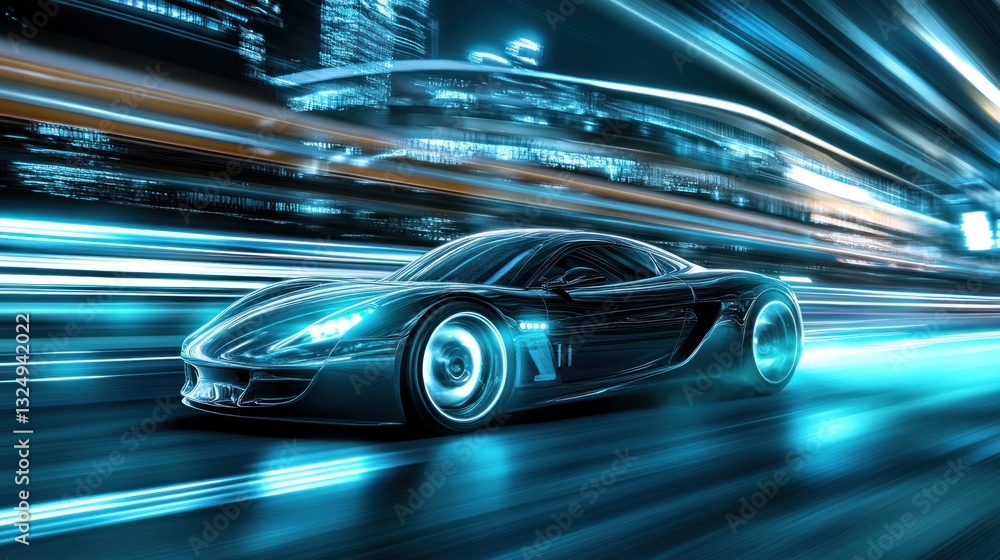 Fototapeta premium Futuristic Sports Car Speeding Through City at Night
