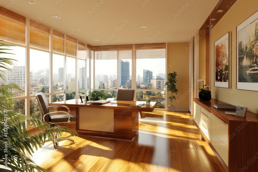 Fototapeta premium Sunlit modern office with city view.