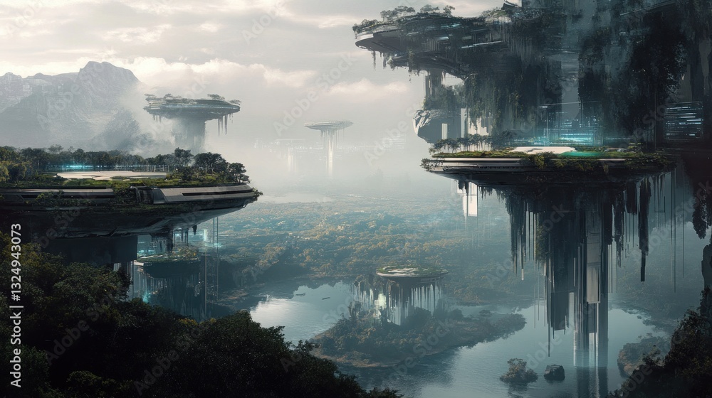 Fototapeta premium Futuristic Floating Islands: A Serene Sci-Fi Landscape