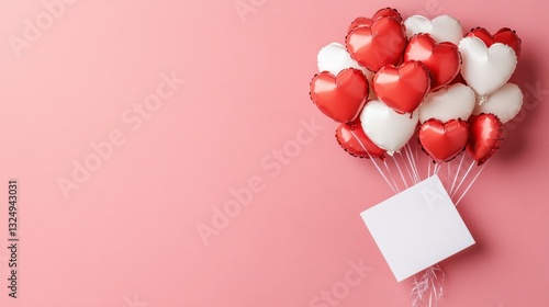 Wallpaper Mural Valentine day concept. Creative layout with balloon made of valentine hearts and blank paper card on pink background. Flat lay, top view. Torontodigital.ca