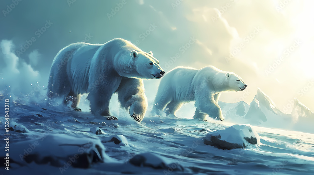 Naklejka premium Polar bears walking across a frozen arctic landscape, with snow and ice surrounding them, their fur glowing in the bright, cold sunlight as they travel together. Polar Glow. Illustration