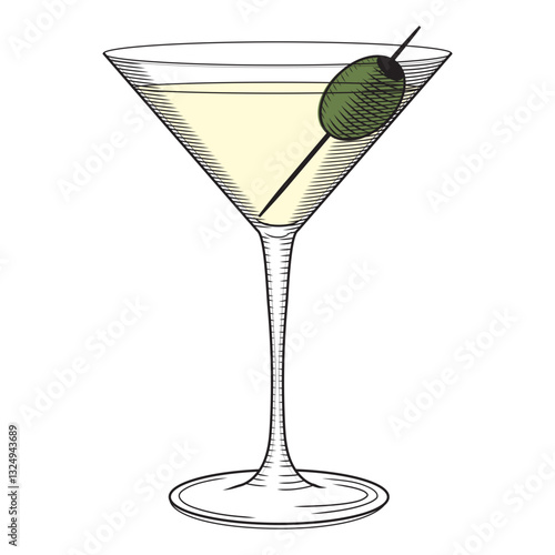Martini glass with olive vector illustration in sketch style. Cocktail colored with vermouth black and white image. Old engraving of aperitif for bar and menu.